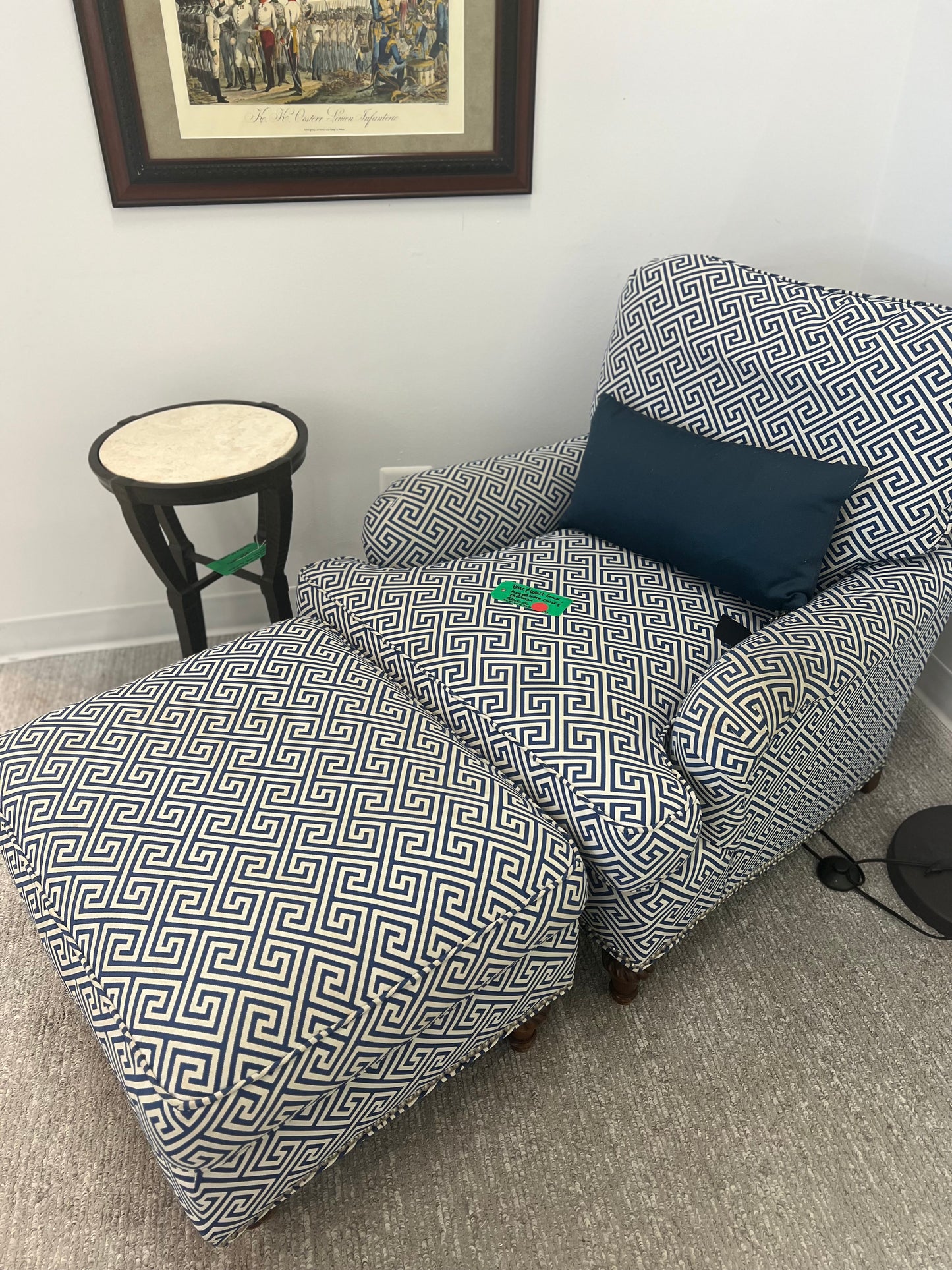 Blue And. white Greek Key Pattern Chair With Ottoman