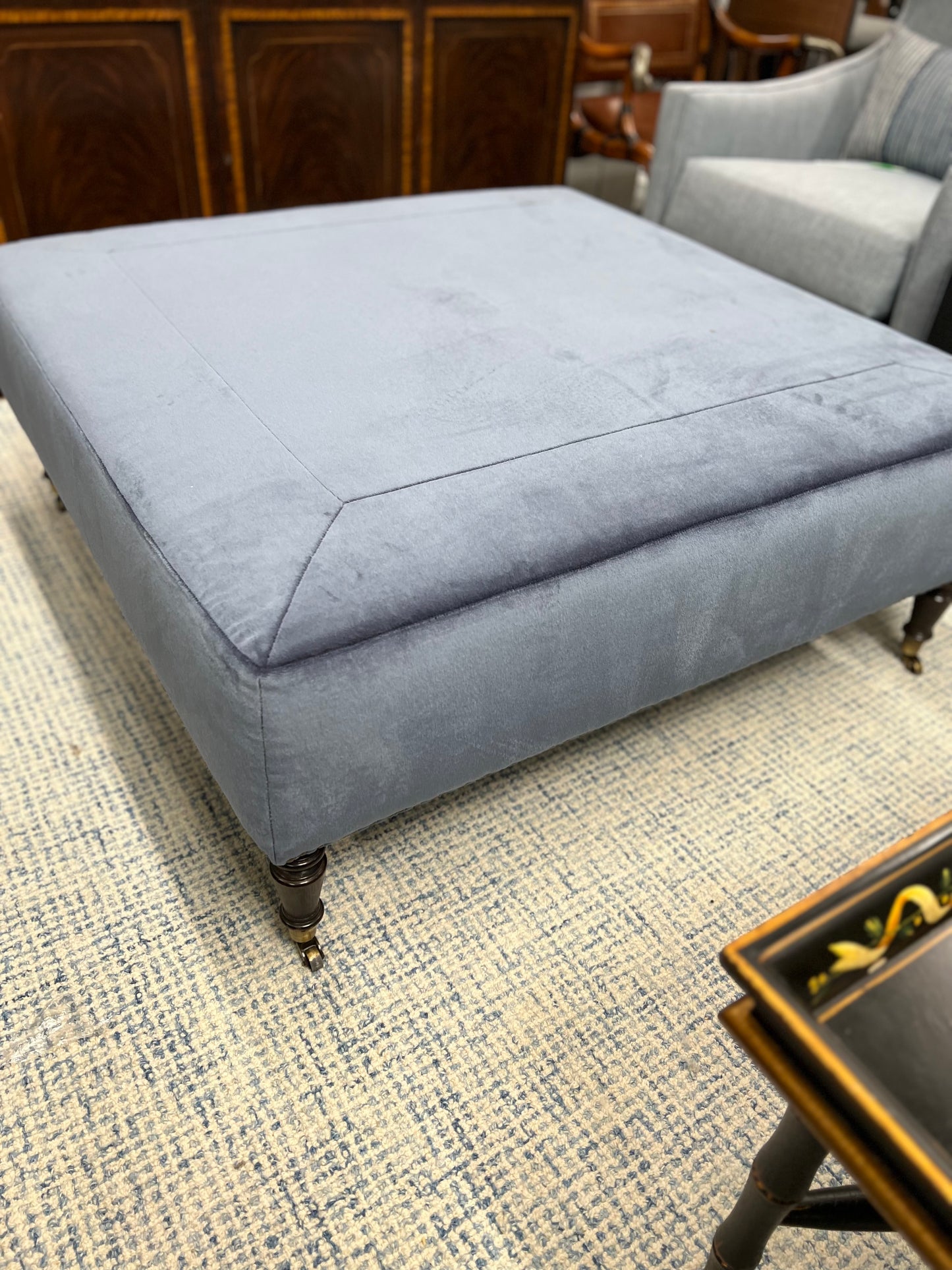 Large Square Blue Velvet Ottoman On Casters