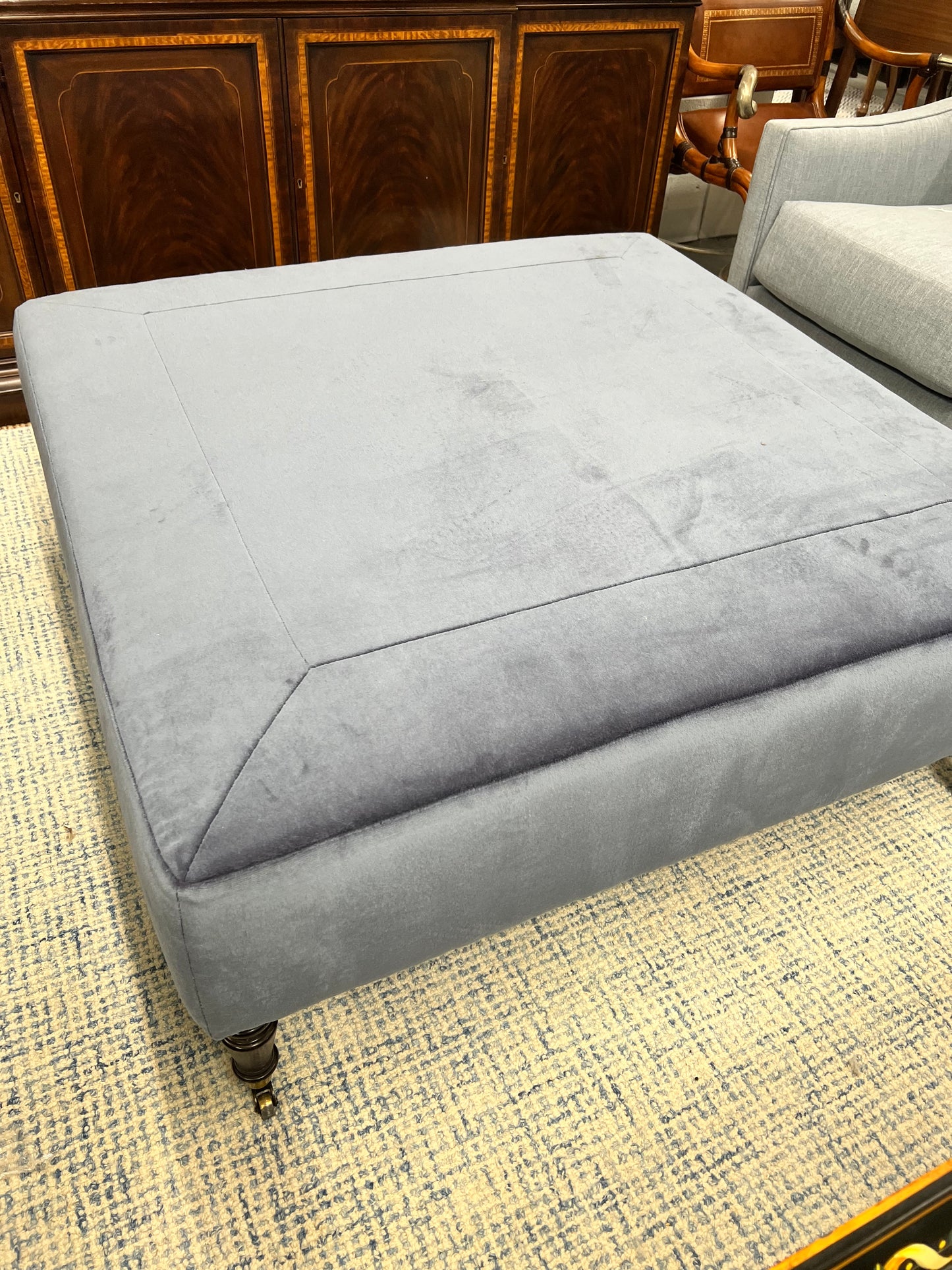 Large Square Blue Velvet Ottoman On Casters
