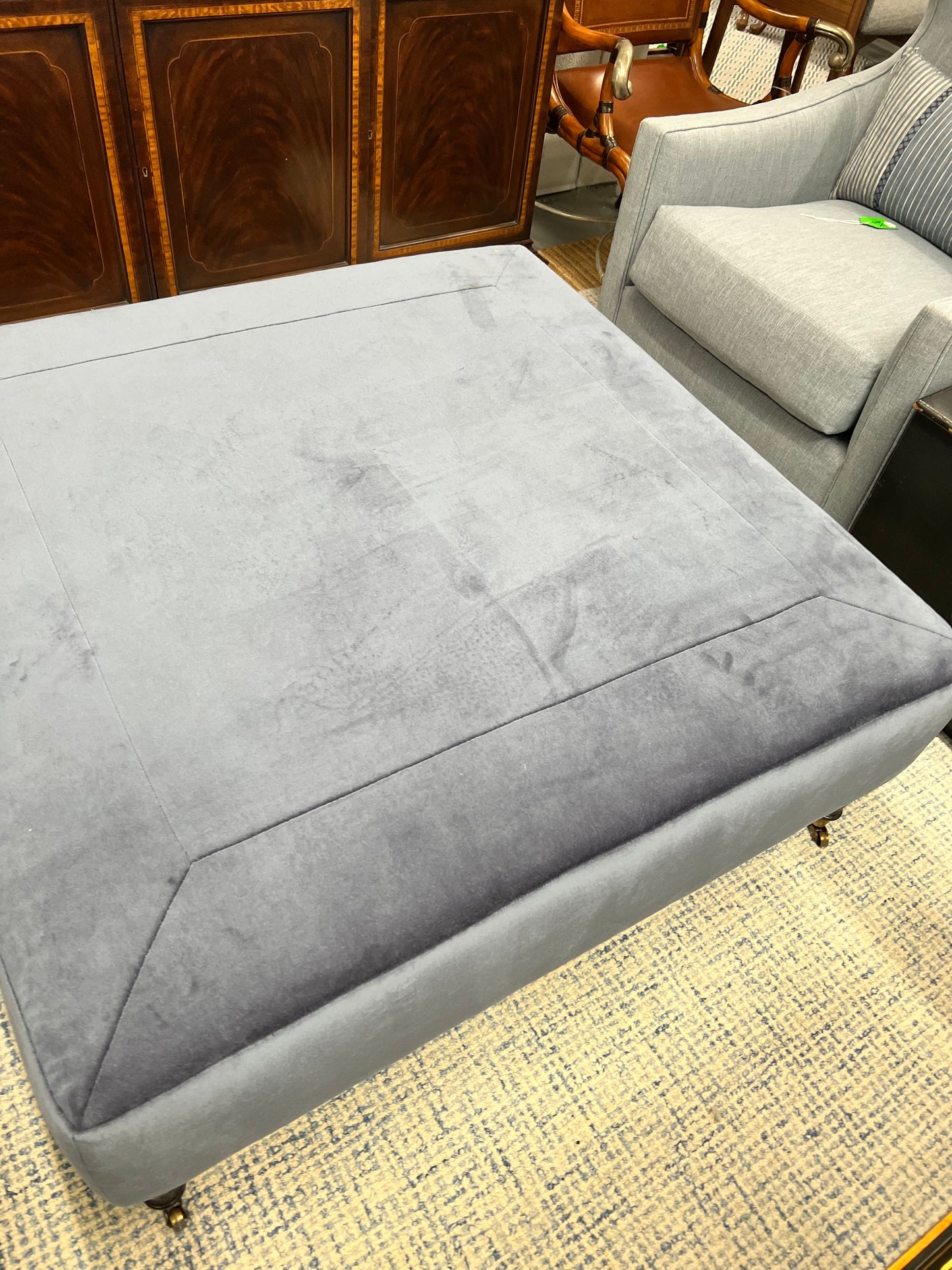 Large Square Blue Velvet Ottoman On Casters