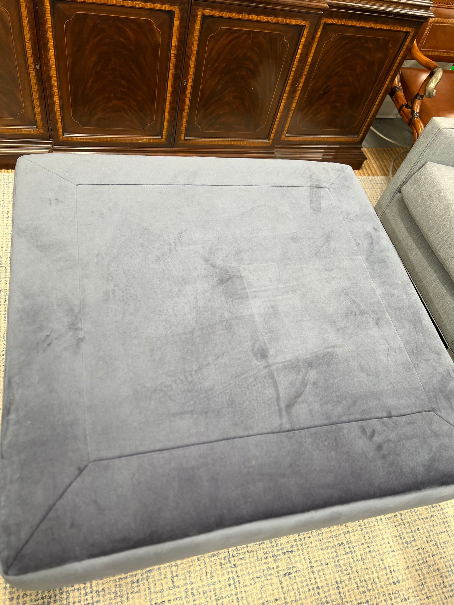 Large Square Blue Velvet Ottoman On Casters