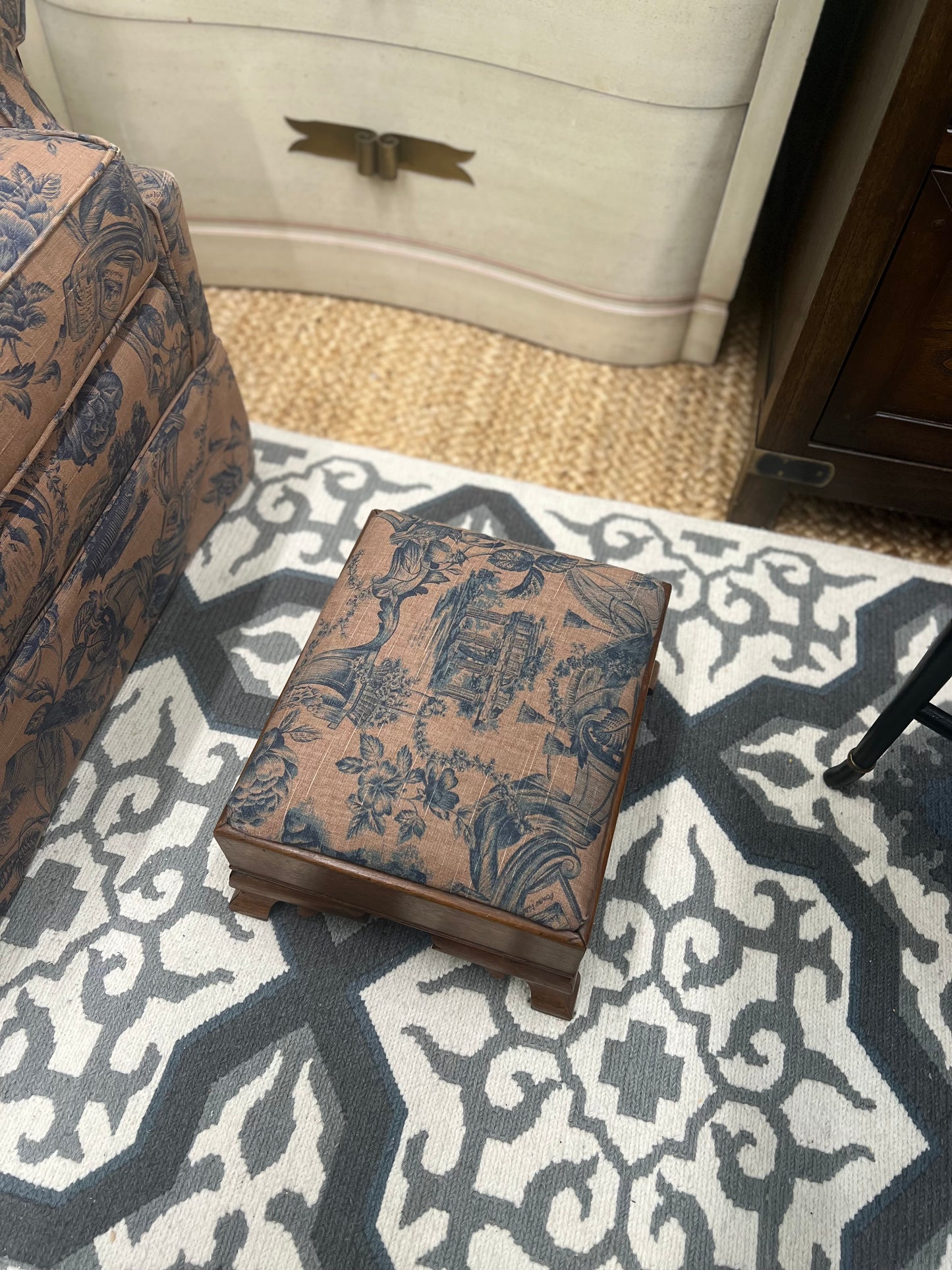 Brown And Blue Toile Chair With Footstool