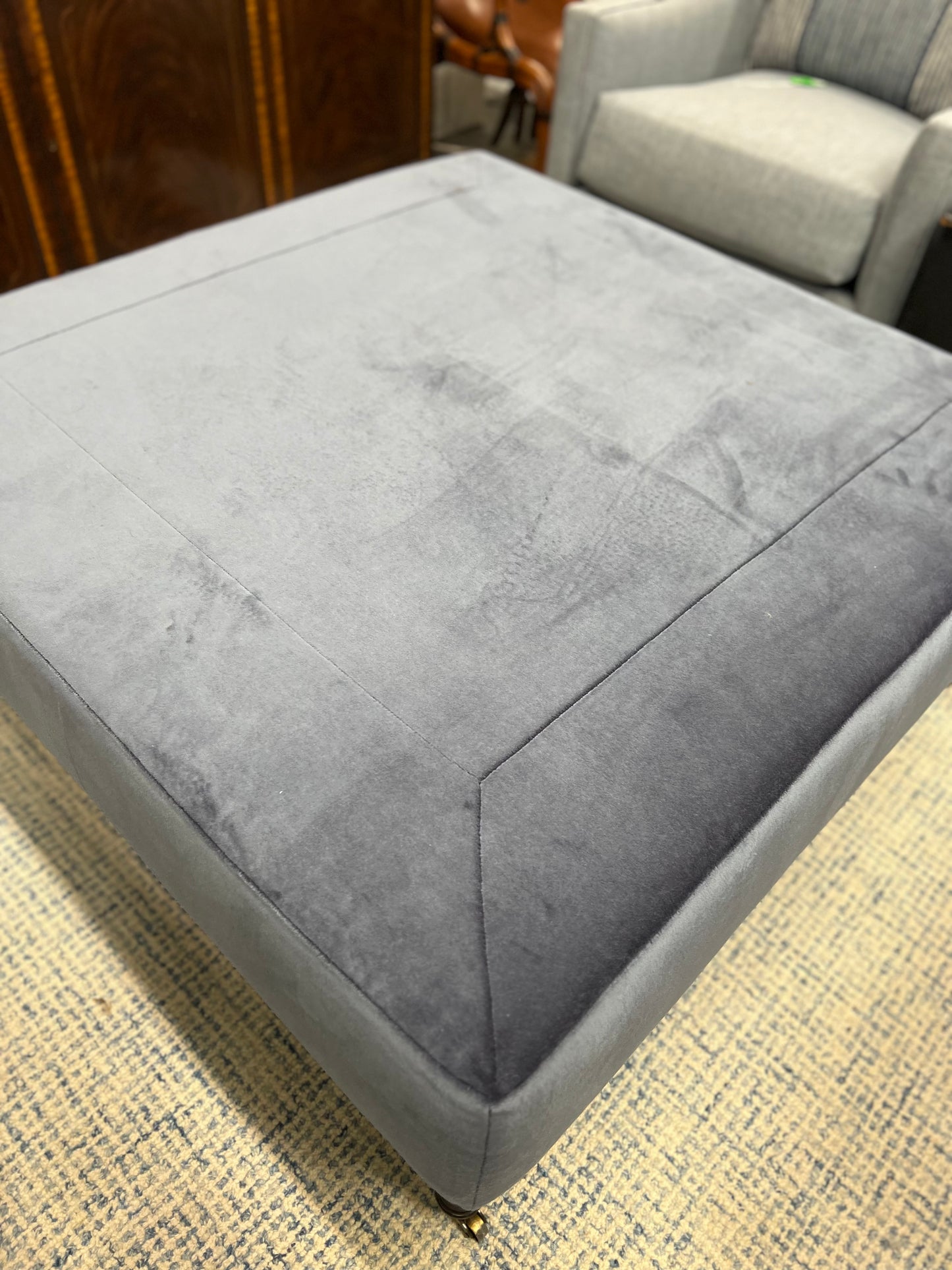 Large Square Blue Velvet Ottoman On Casters