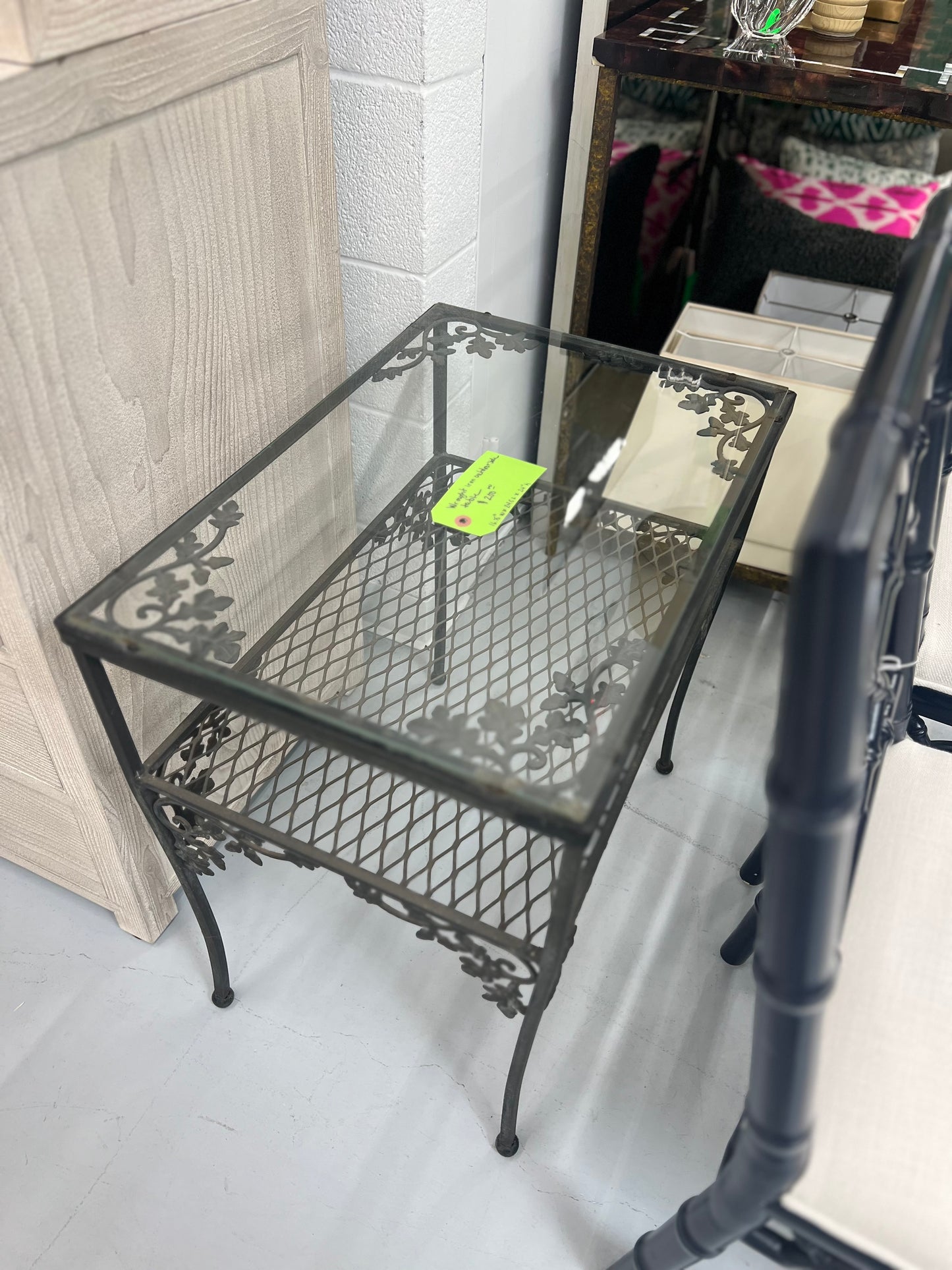Wrought Iron Glass Top Side Table With Shelf
