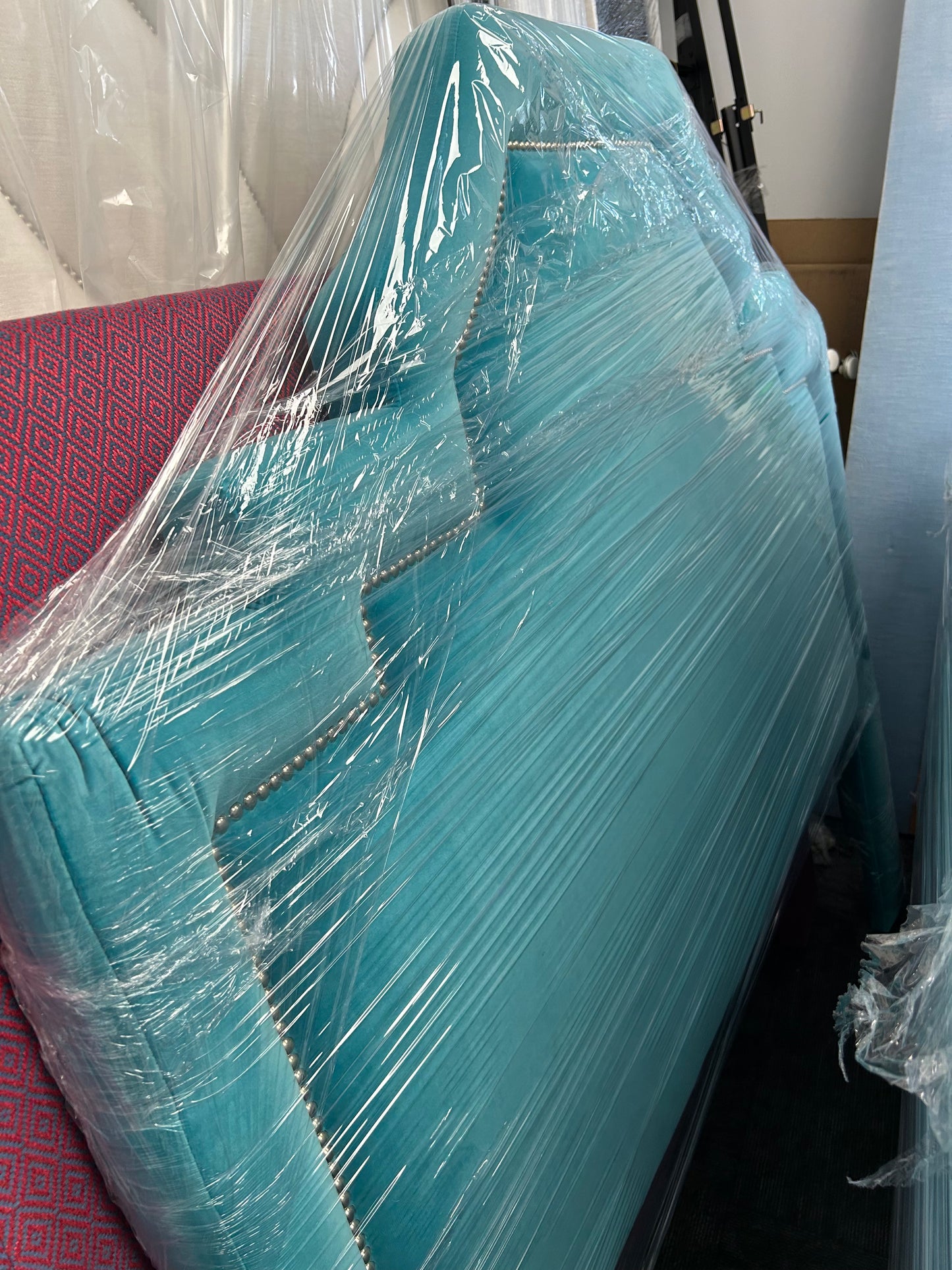 Queen Velvet Turquoise Headboard With Nailhead Trim