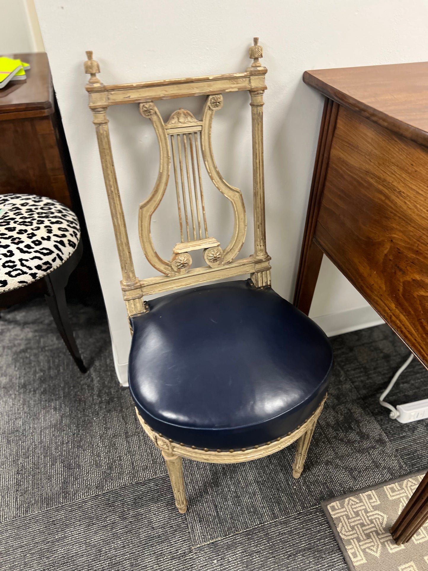 Lyre-Back Side Chair With Blue Leather Seat