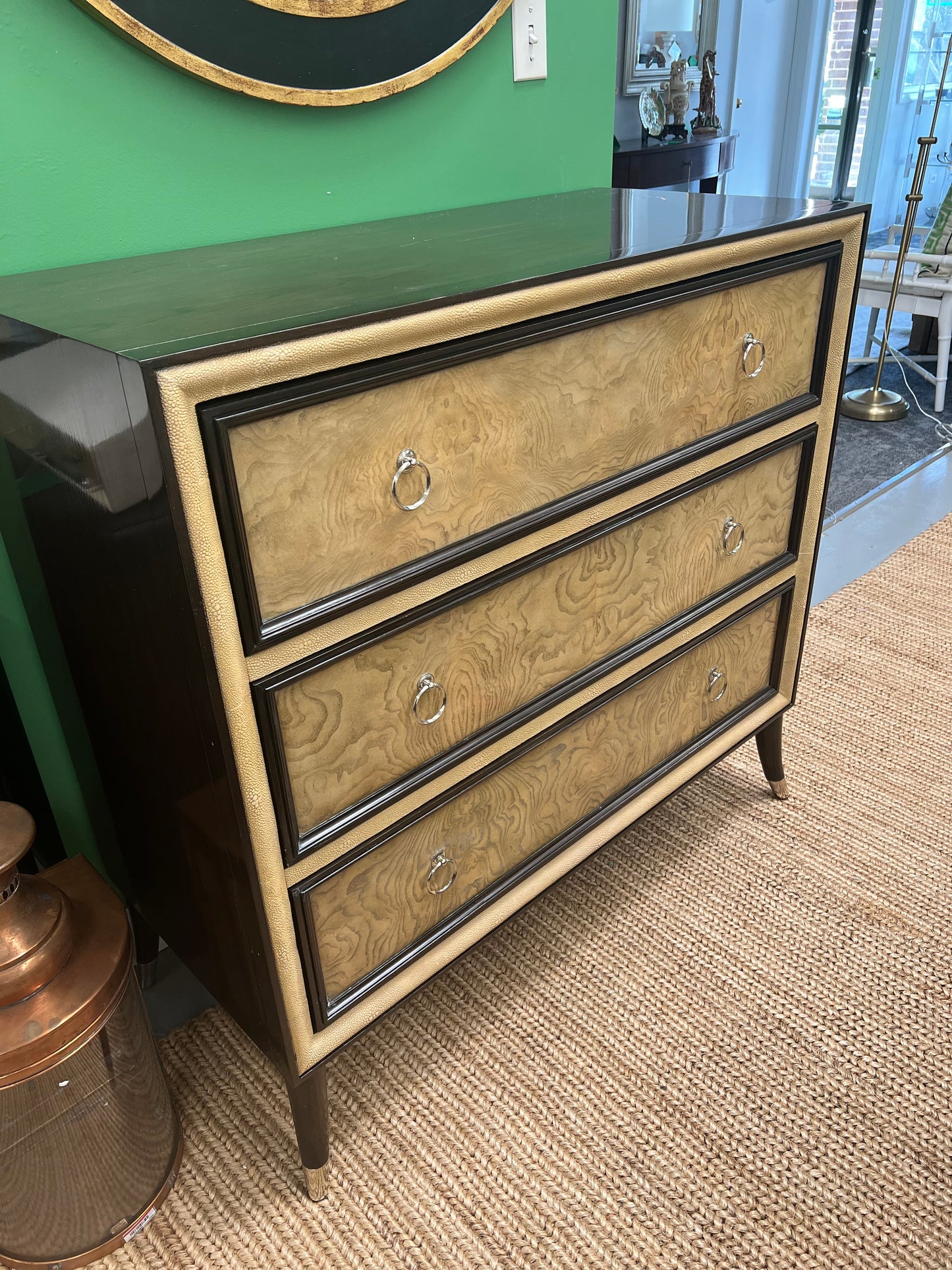 Three Drawer Burled Wood Dresser