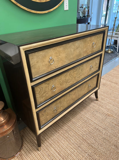 Three Drawer Burled Wood Dresser