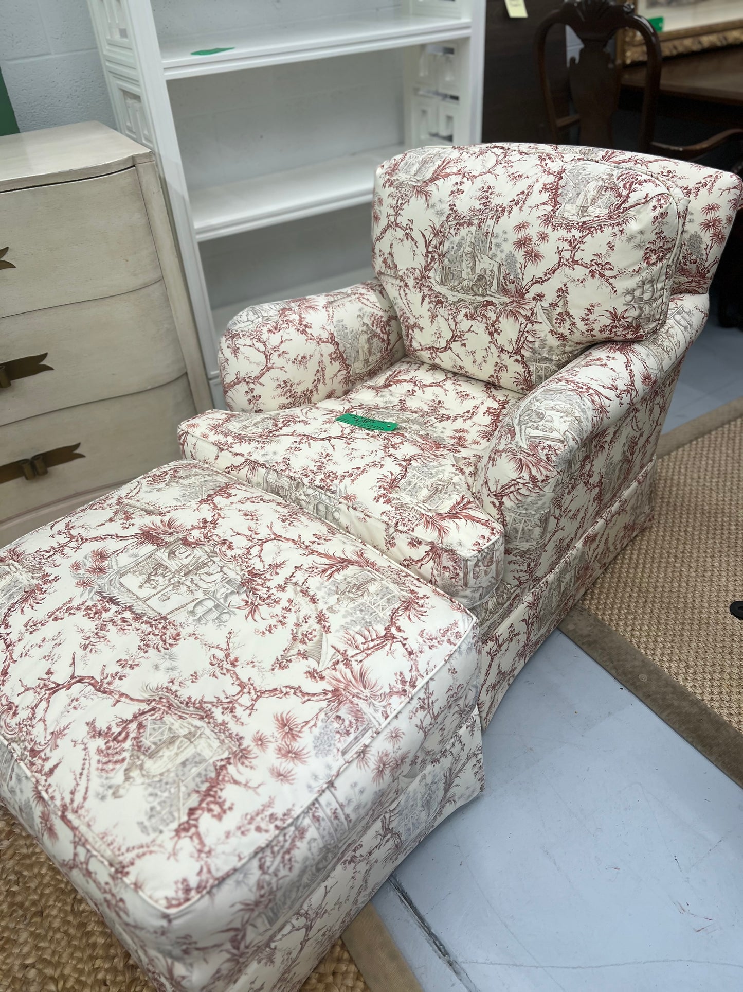 Red Toile Chair With Ottoman
