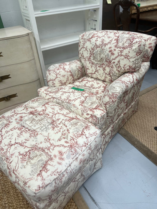 Red Toile Chair With Ottoman