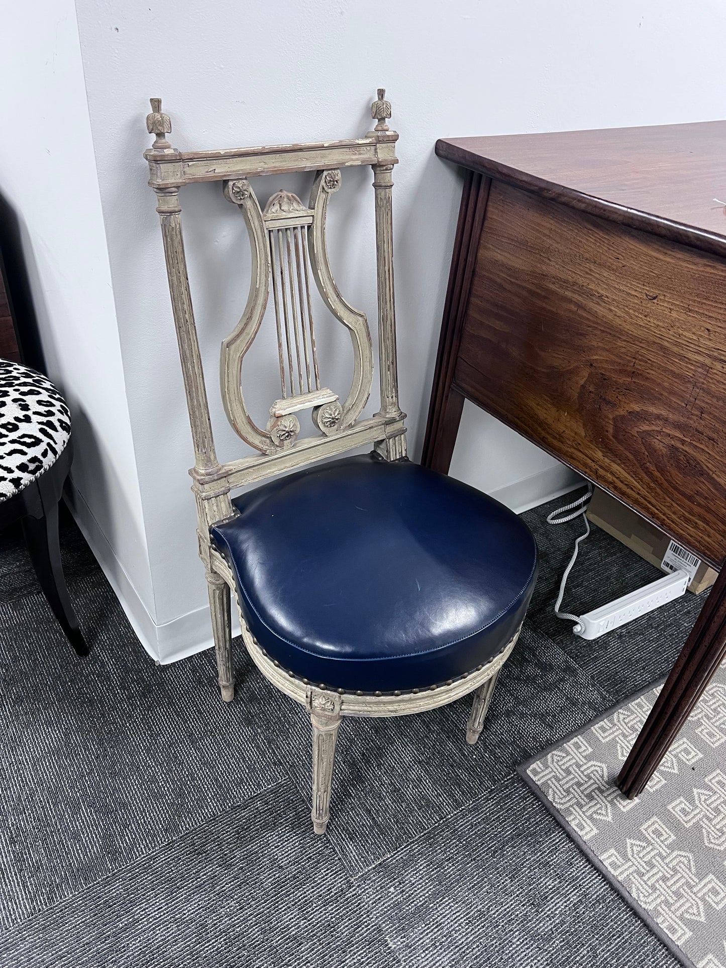 Lyre-Back Side Chair With Blue Leather Seat