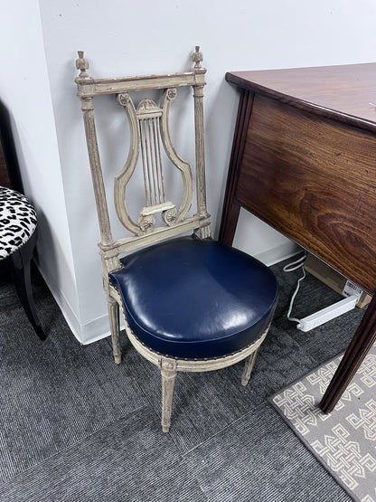 Lyre-Back Side Chair With Blue Leather Seat