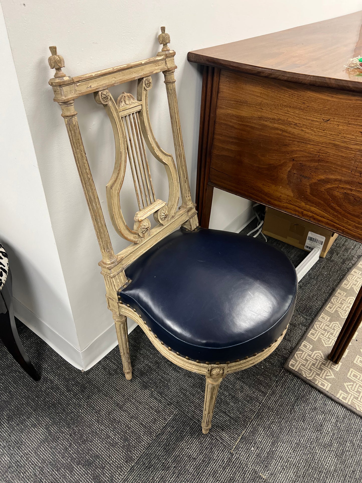Lyre-Back Side Chair With Blue Leather Seat