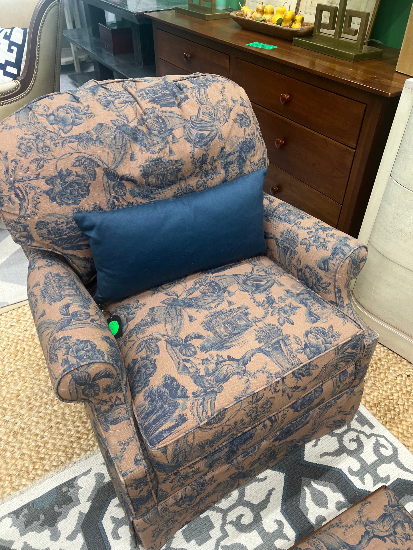 Brown And Blue Toile Chair With Footstool
