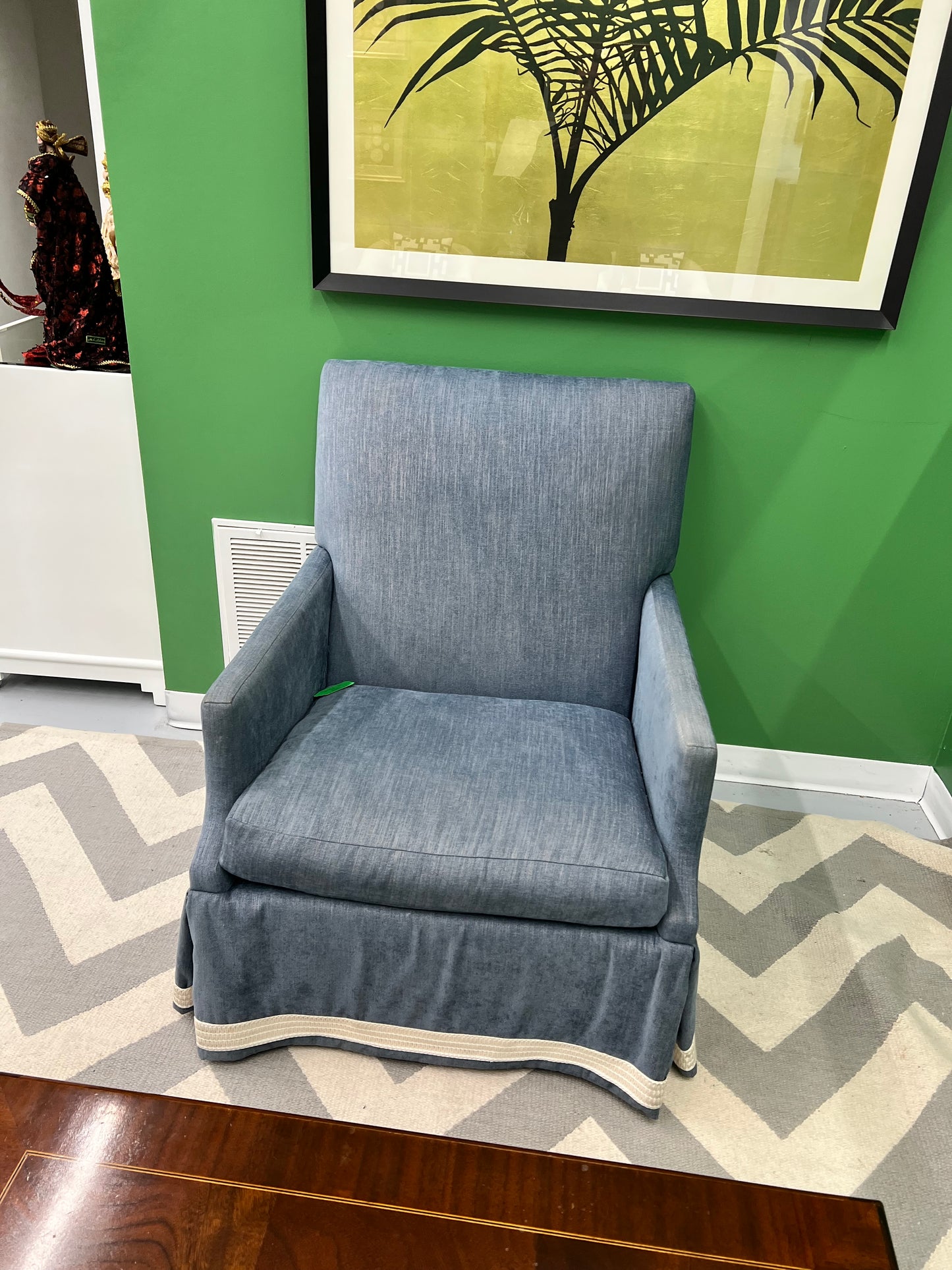 Blue Swivel Chair With Greek Key Trim