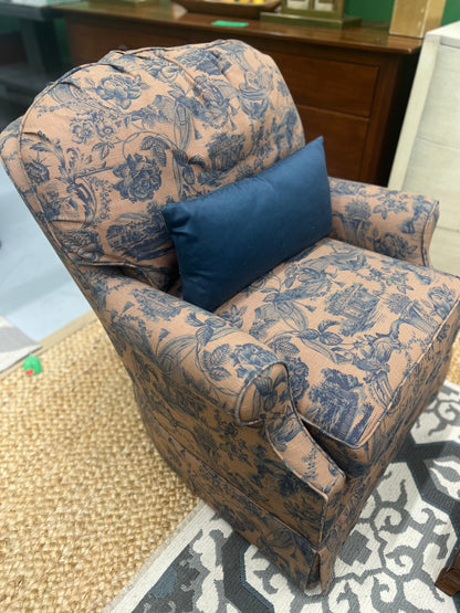 Brown And Blue Toile Chair With Footstool