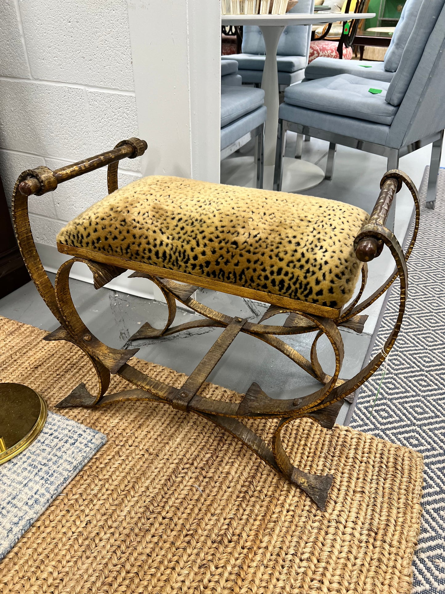 Gilt Wrought Iron Bench Stool with Leopard Print Cushion