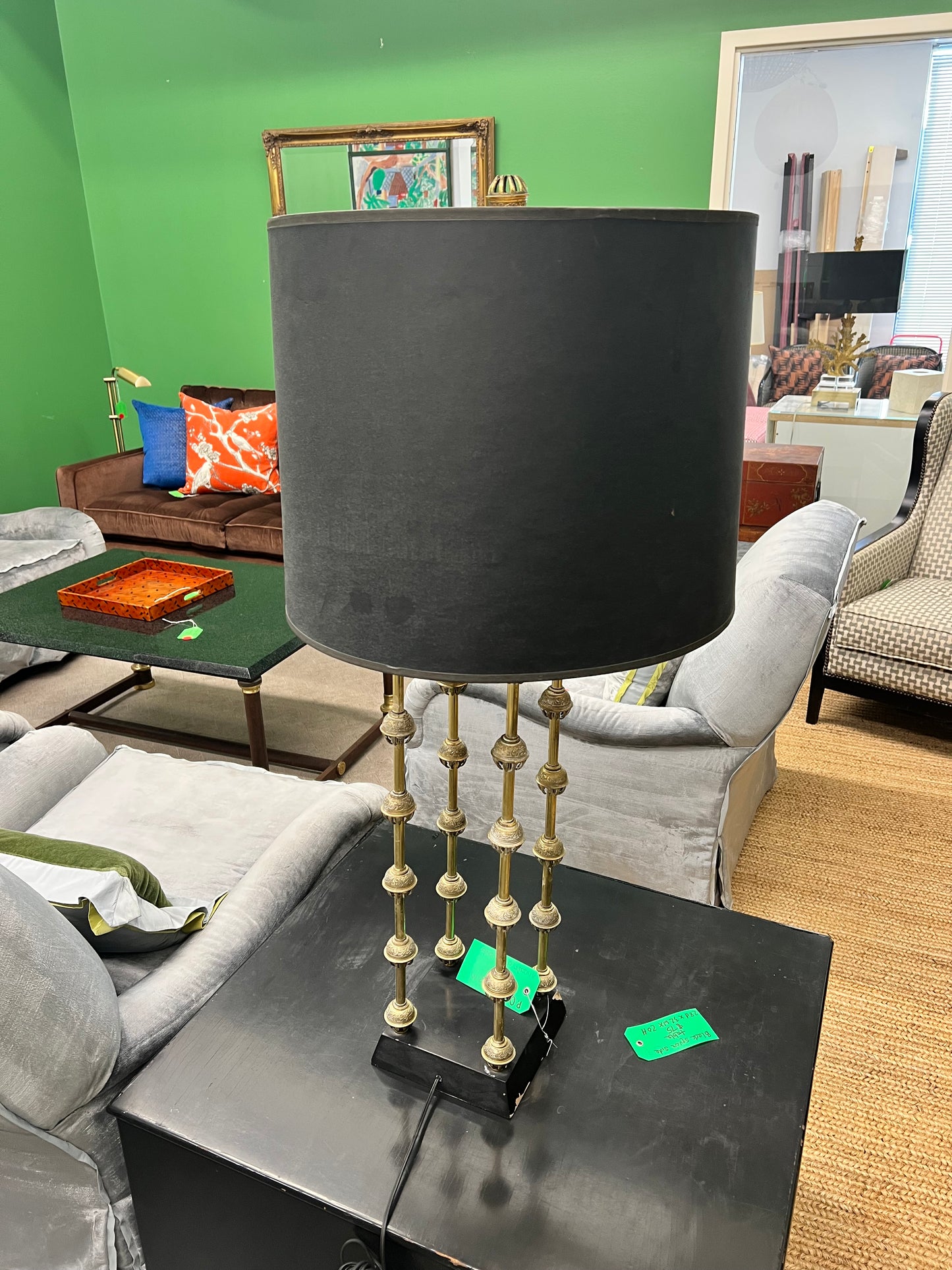 Large Vintage Brass Lamps With Black Shade