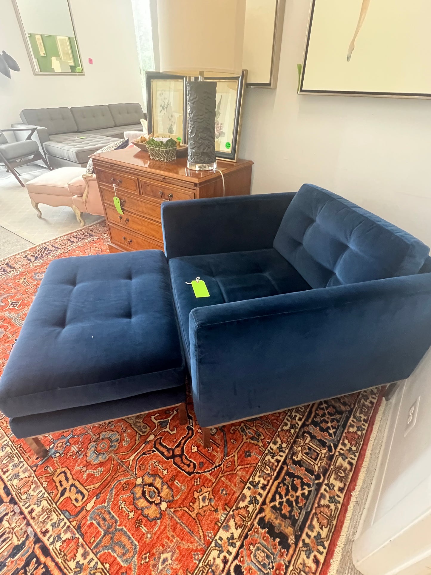 Room & Board Cobalt Velvet Club Chair & Ottoman