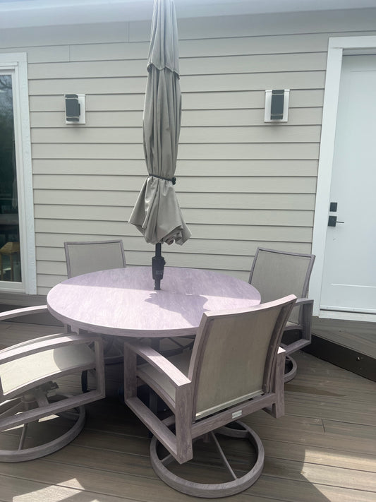 54” Baran Ash Outdoor Table With Umbrella, Stand And Four Swivel Chairs