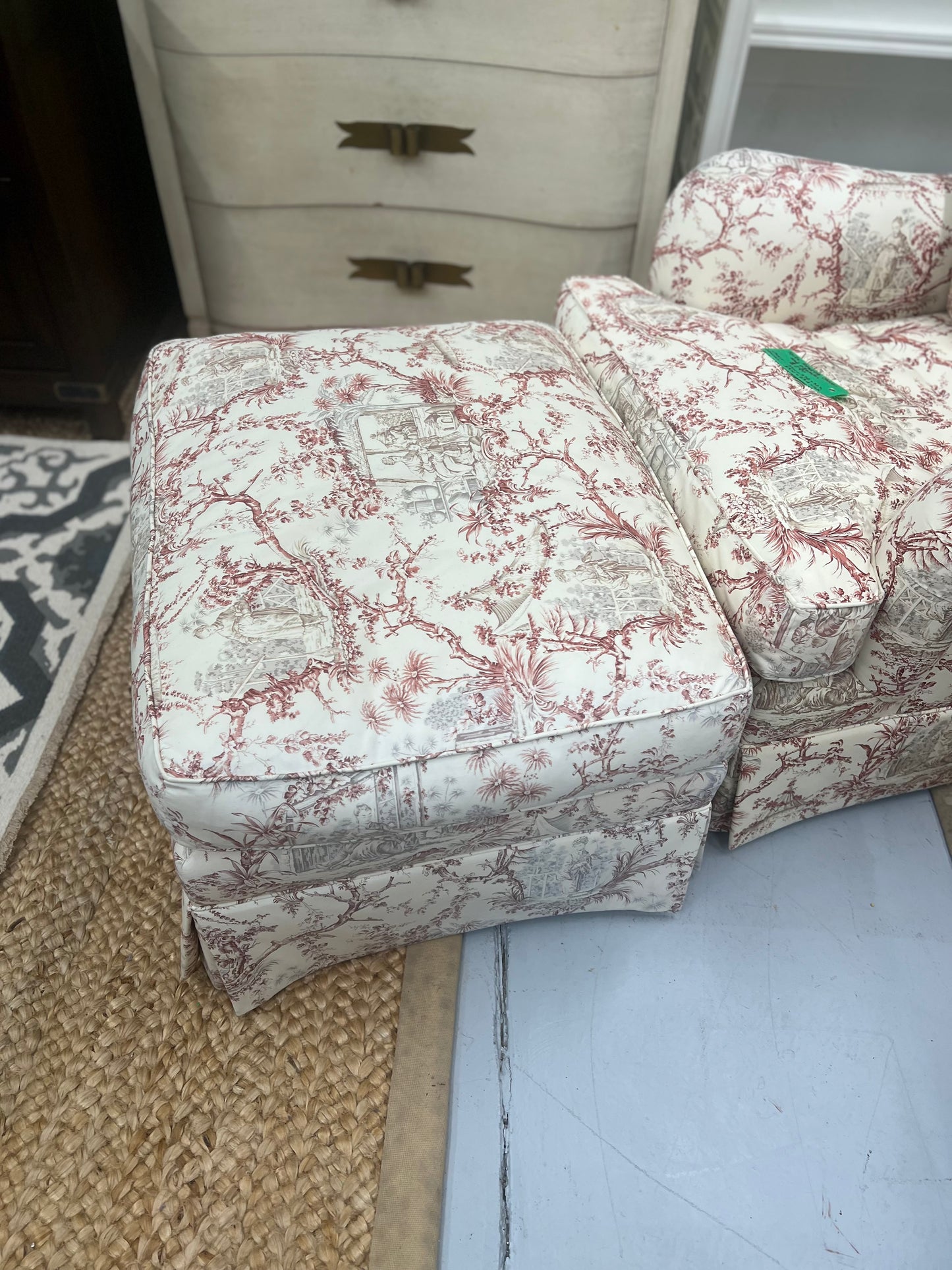 Red Toile Chair With Ottoman