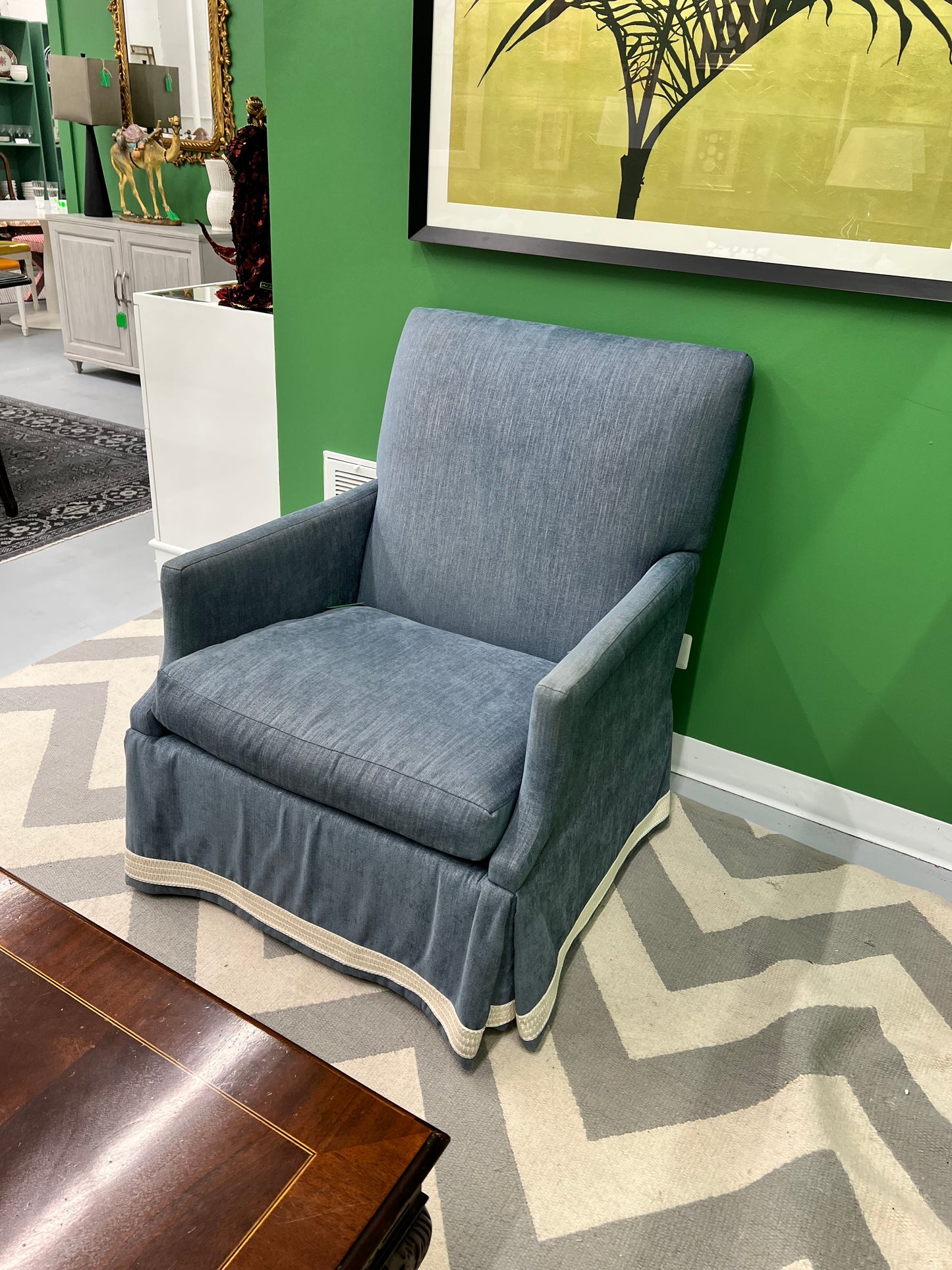 Blue Swivel Chair With Greek Key Trim