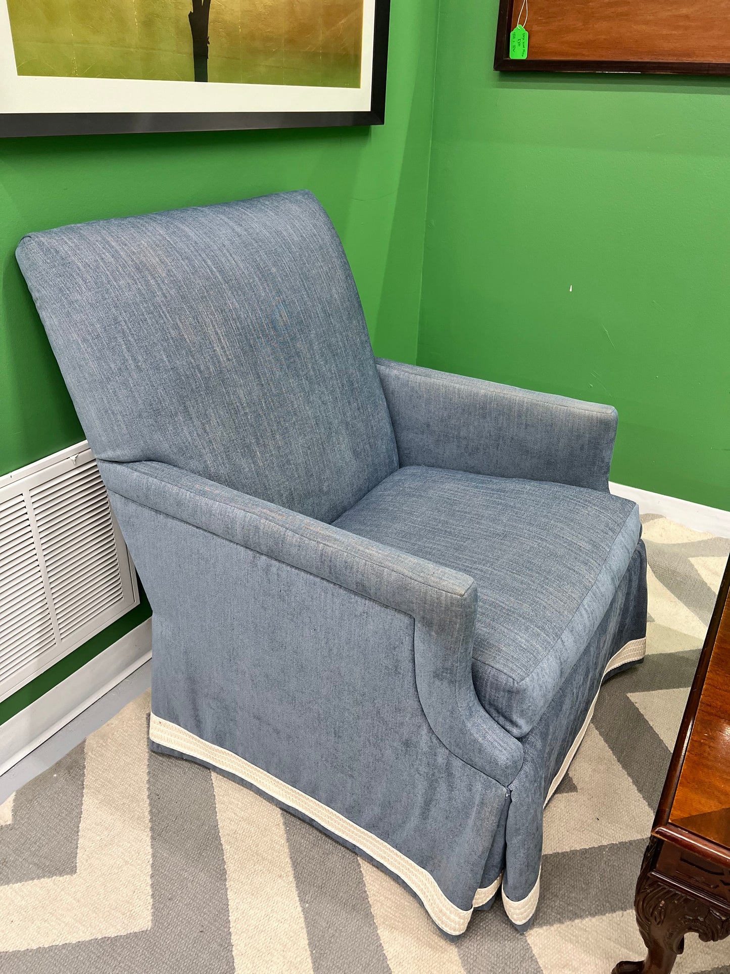 Blue Swivel Chair With Greek Key Trim