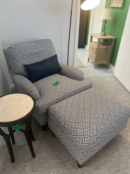 Blue And. white Greek Key Pattern Chair With Ottoman