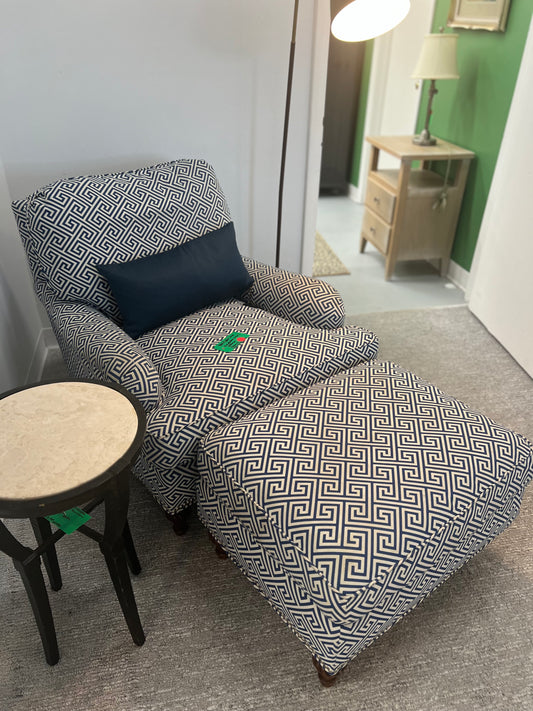 Blue And. white Greek Key Pattern Chair With Ottoman