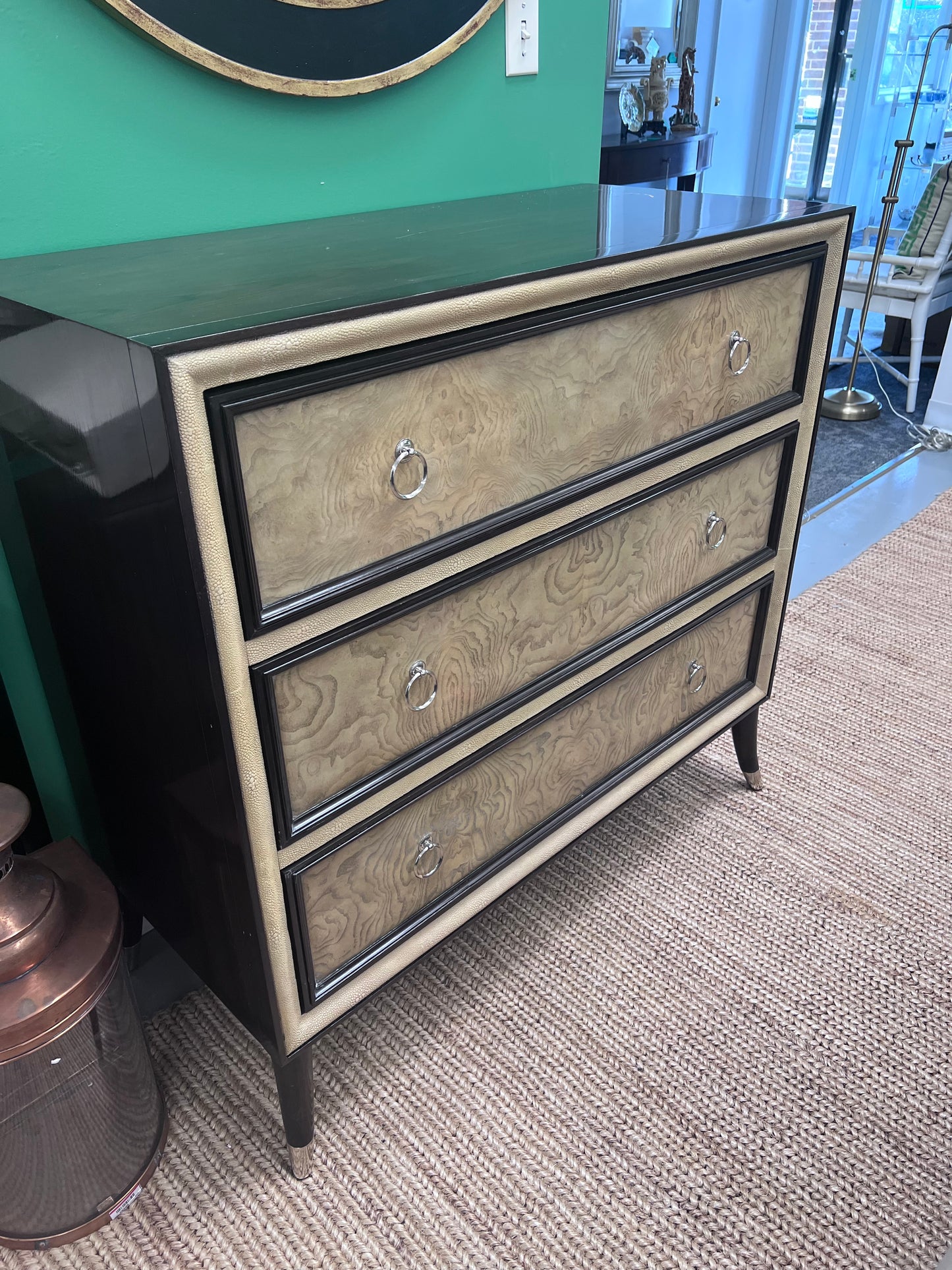 Three Drawer Burled Wood Dresser