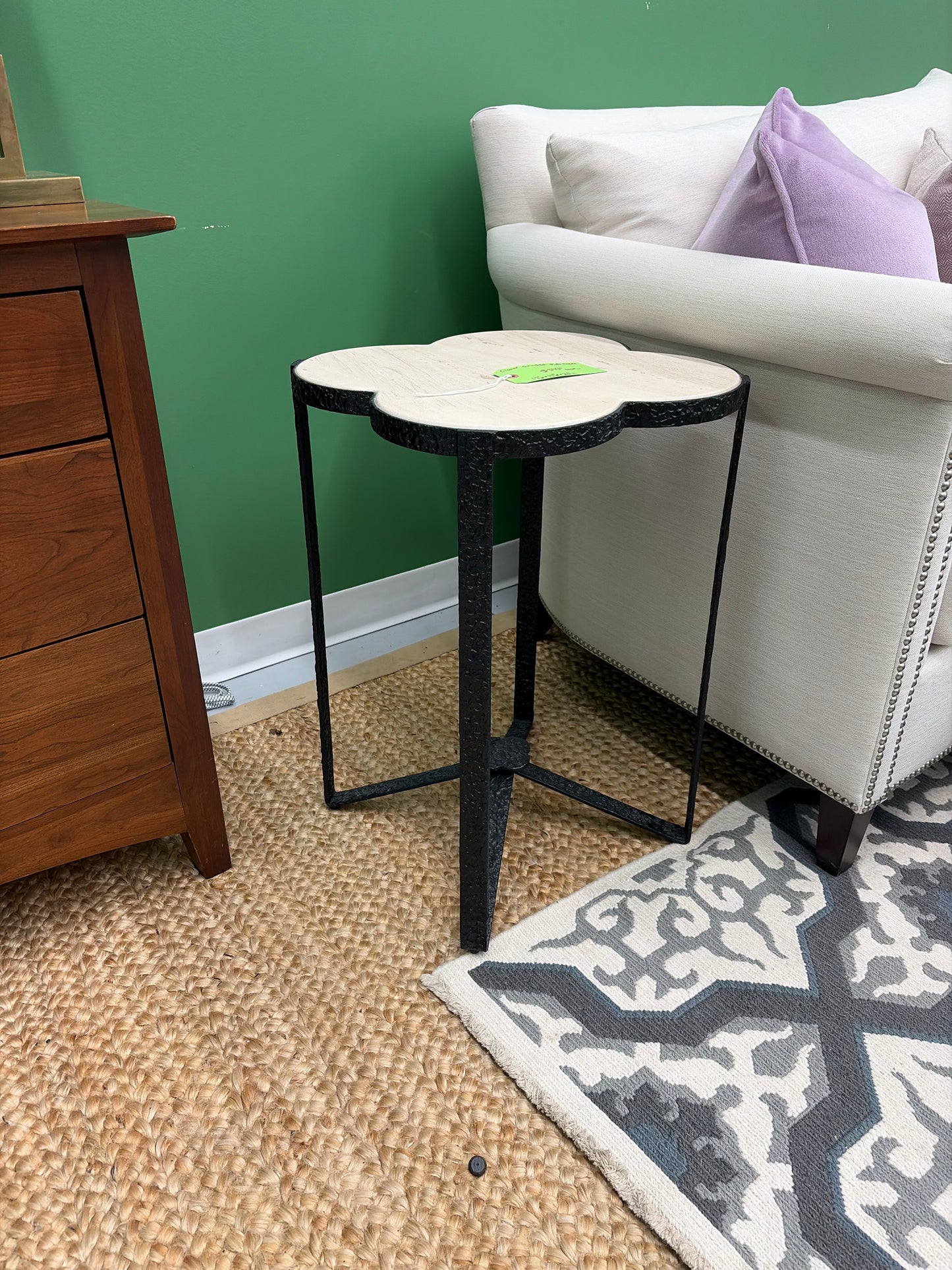 Travertine And Wrought IronClover Shaped Side Table