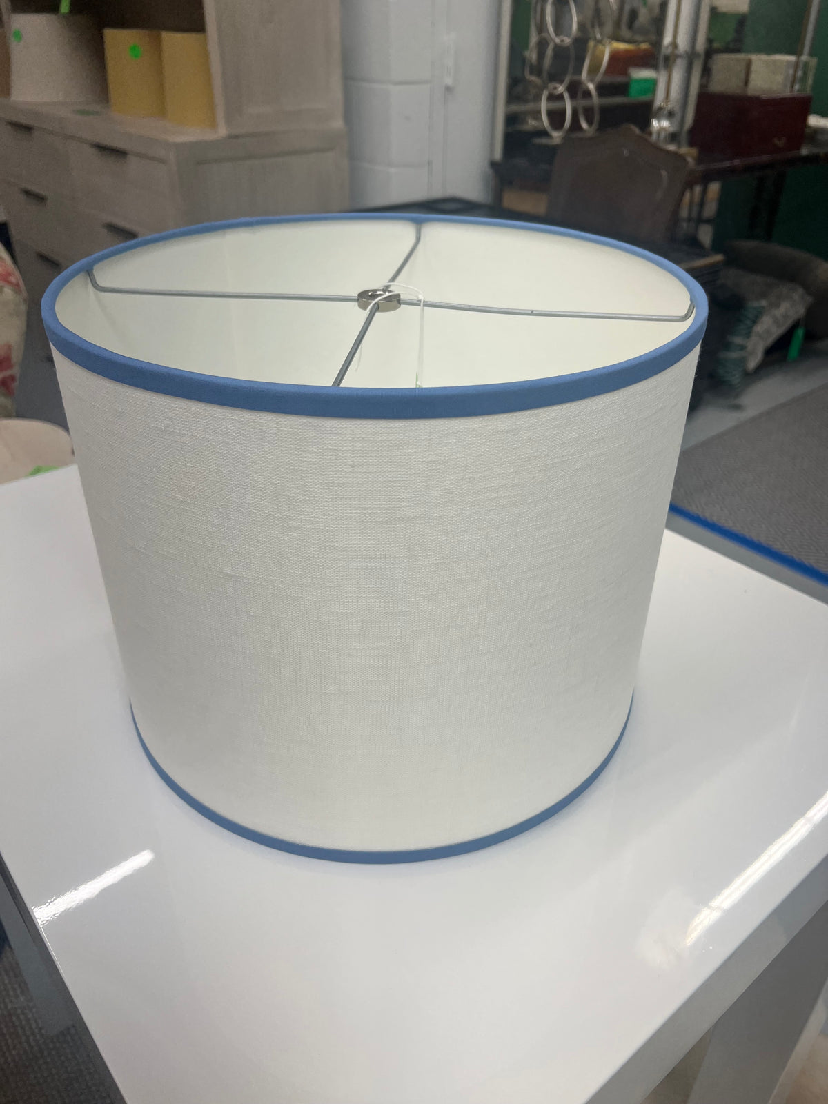 Ivory Drum Shade With Blue Piping