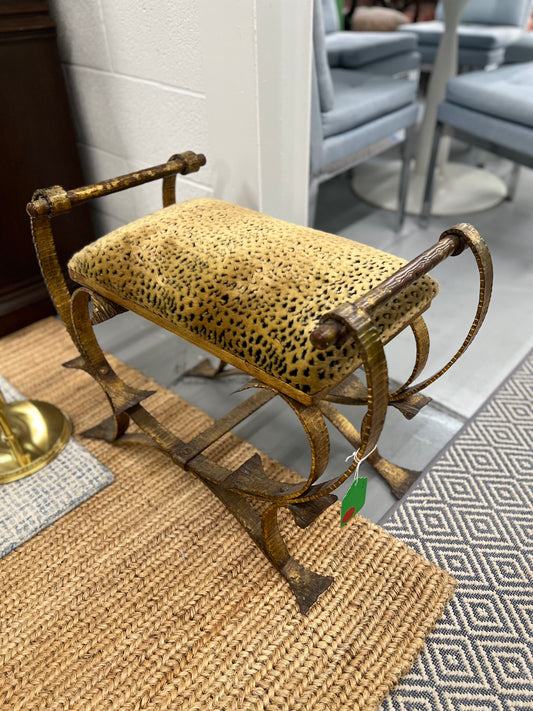 Gilt Wrought Iron Bench Stool with Leopard Print Cushion