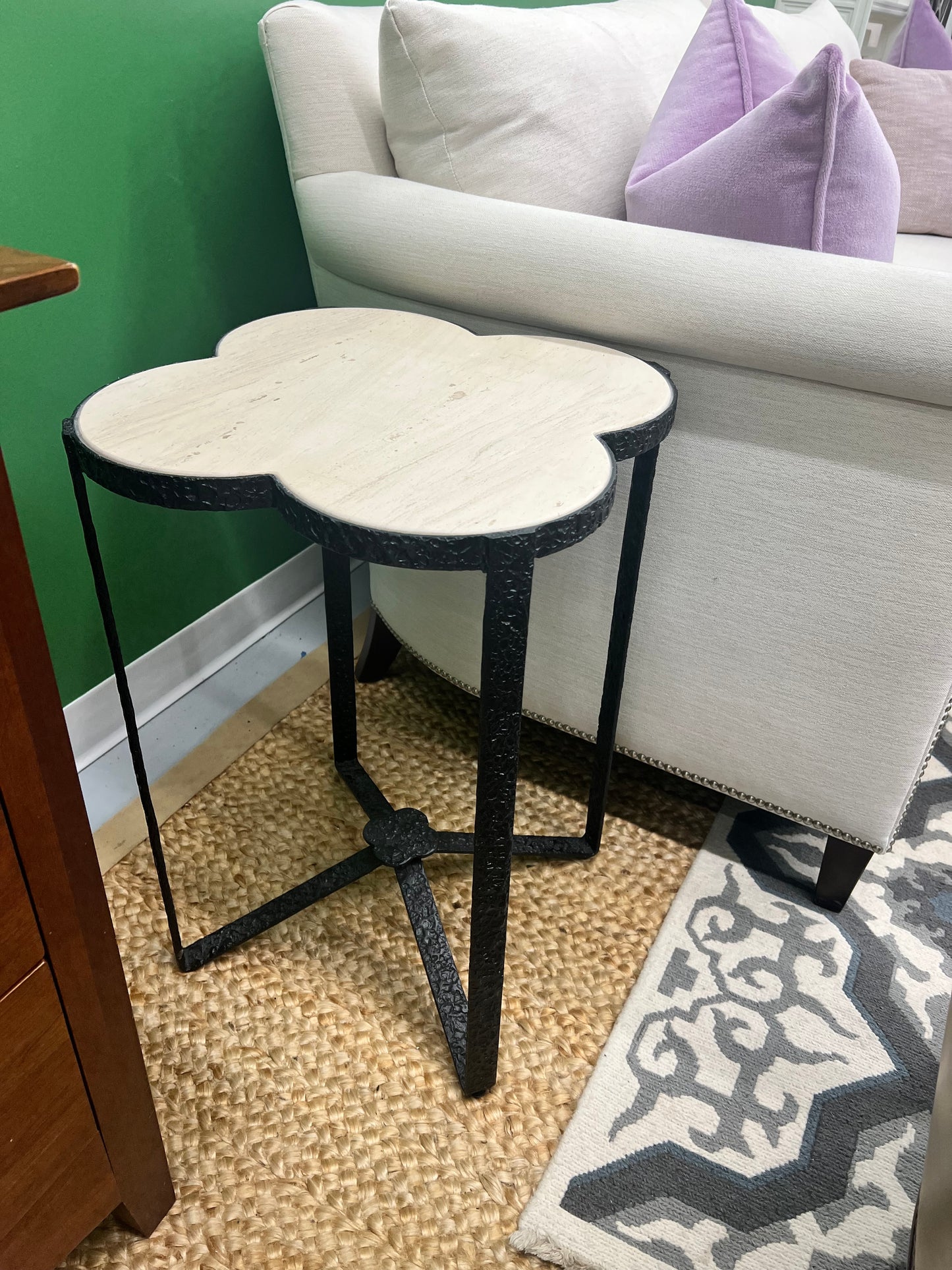 Travertine And Wrought IronClover Shaped Side Table