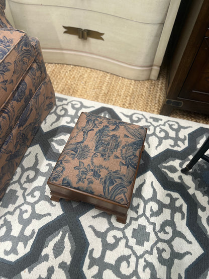 Brown And Blue Toile Chair With Footstool