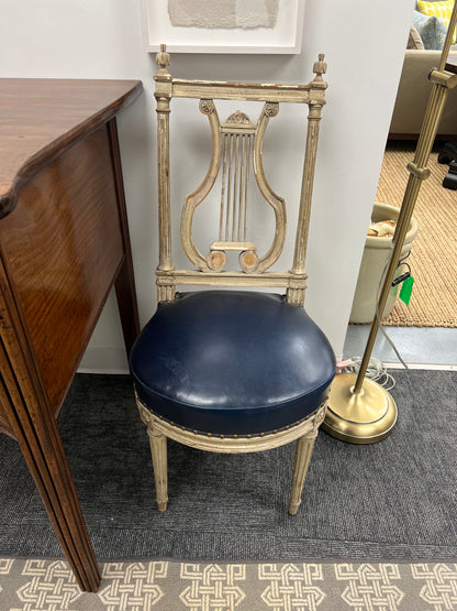 Lyre-Back Side Chair With Blue Leather Seat