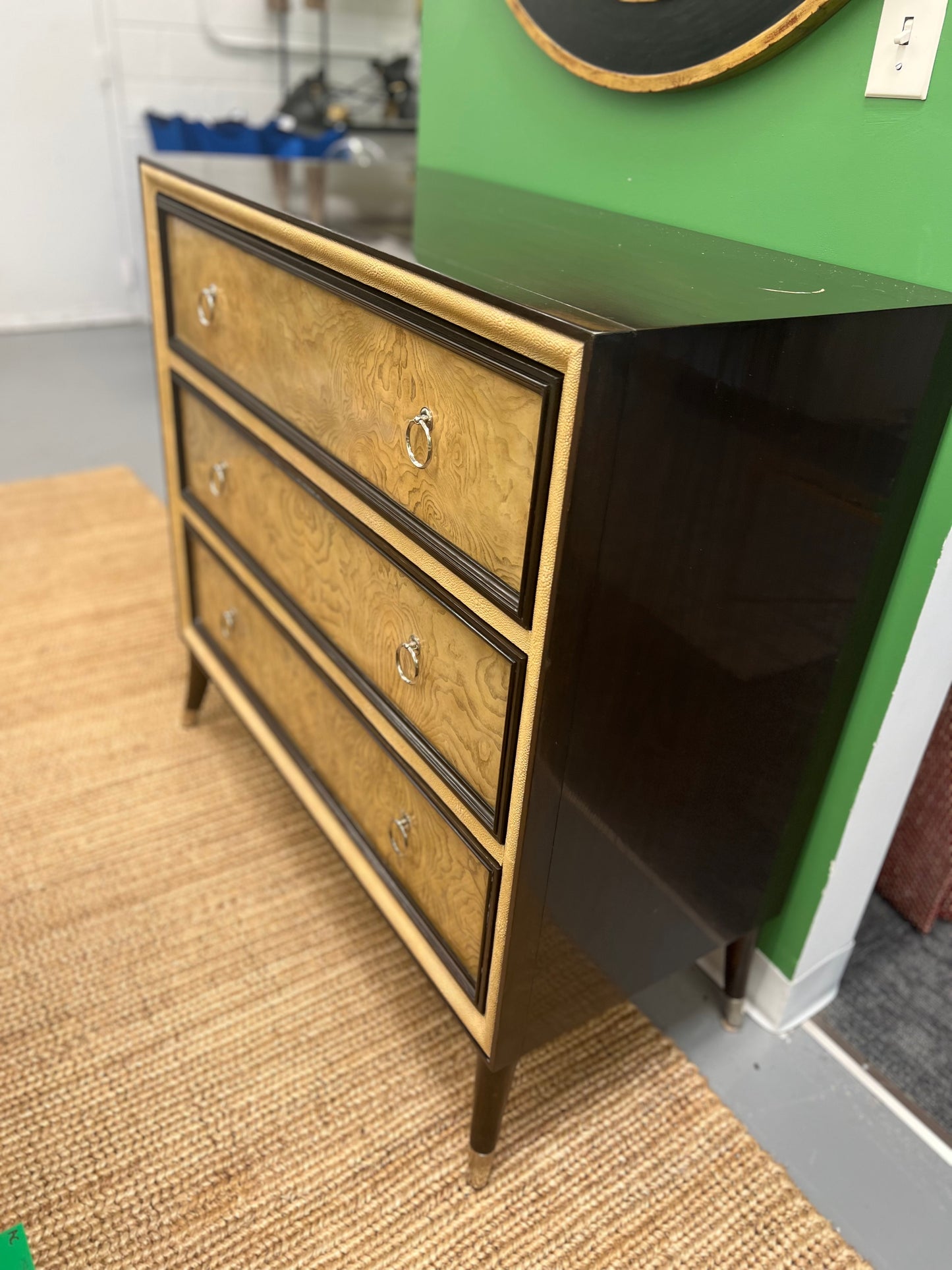 Three Drawer Burled Wood Dresser