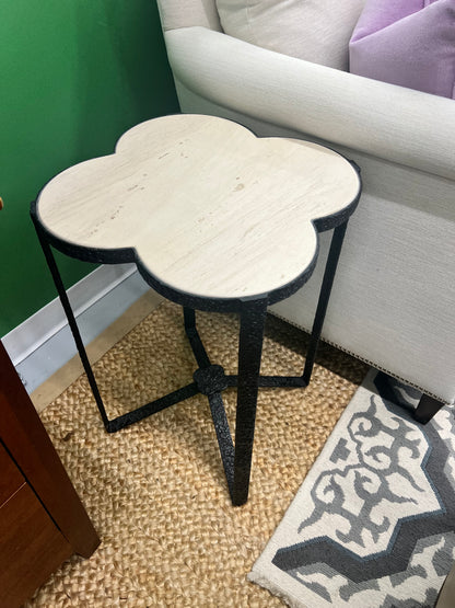 Travertine And Wrought IronClover Shaped Side Table