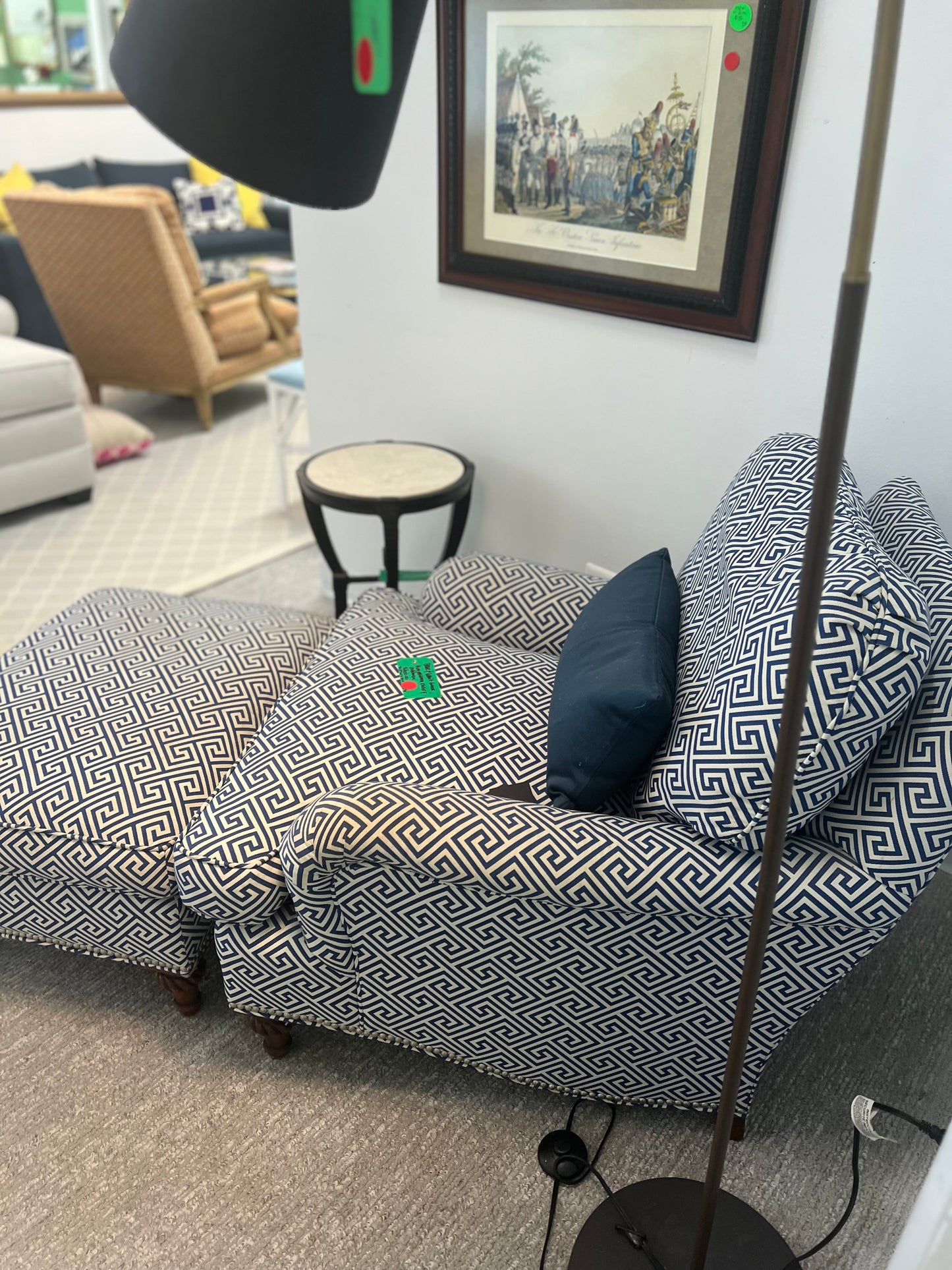 Blue And. white Greek Key Pattern Chair With Ottoman