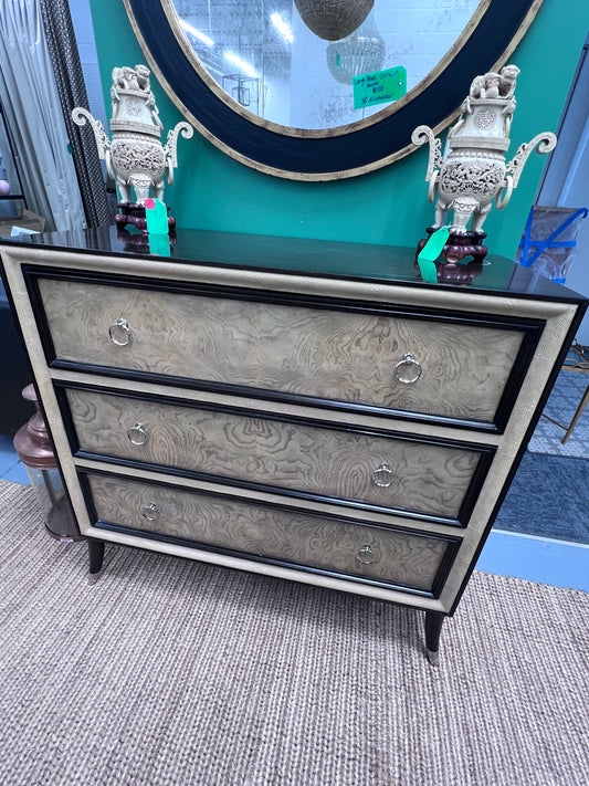 Three Drawer Burled Wood Dresser
