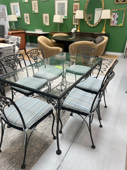 Wrought Iron Glass Top Table With Six Chairs