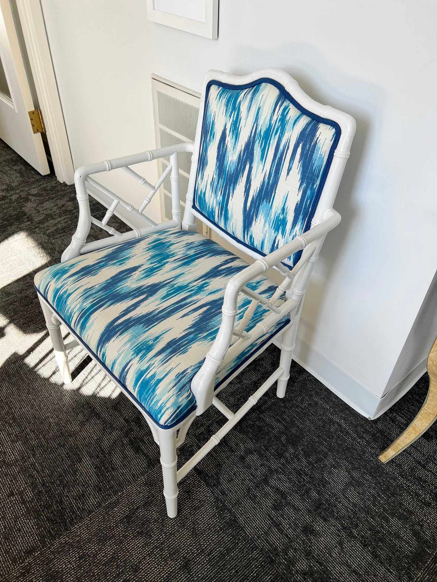 White Lacquered Bamboo Style Chair with Kravet Fabric