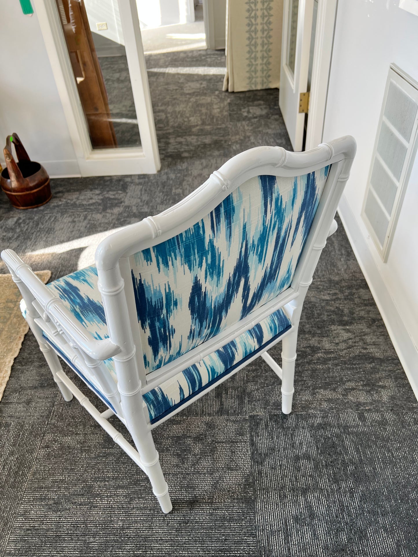 White Lacquered Bamboo Style Chair with Kravet Fabric